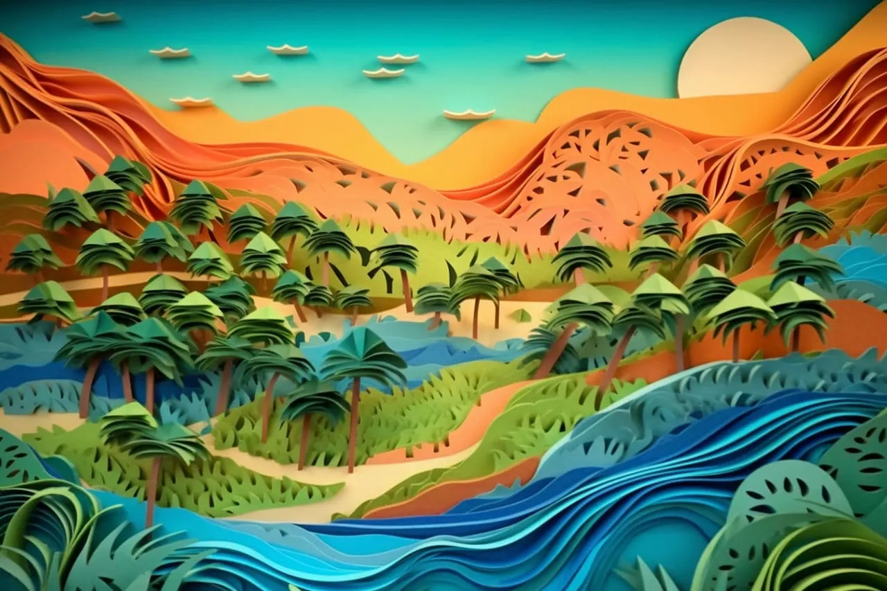 Kirigami paper art capturing an island scene from Hawaii