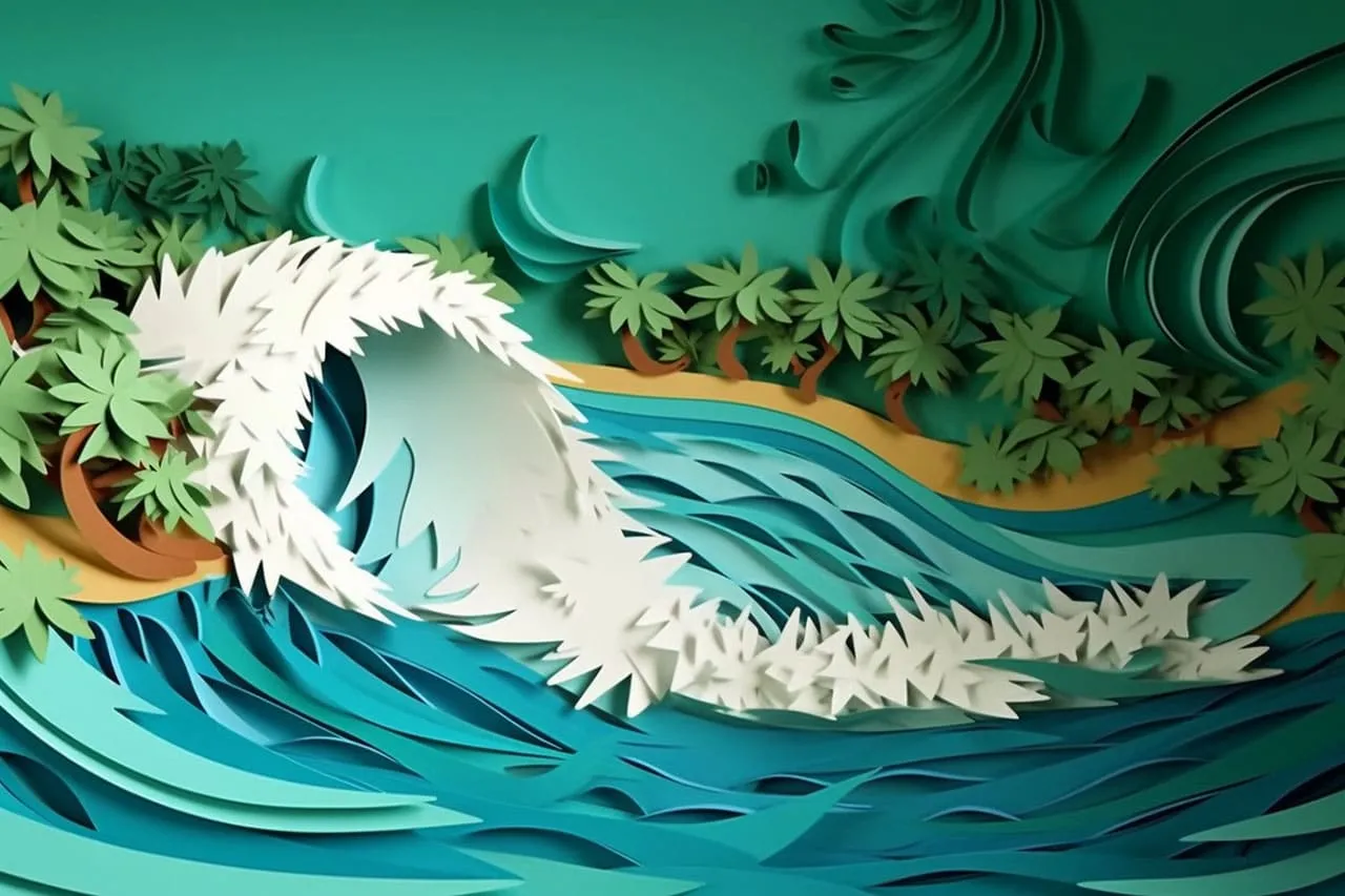 Kirigami paper art of a Hawaiian paradise scene