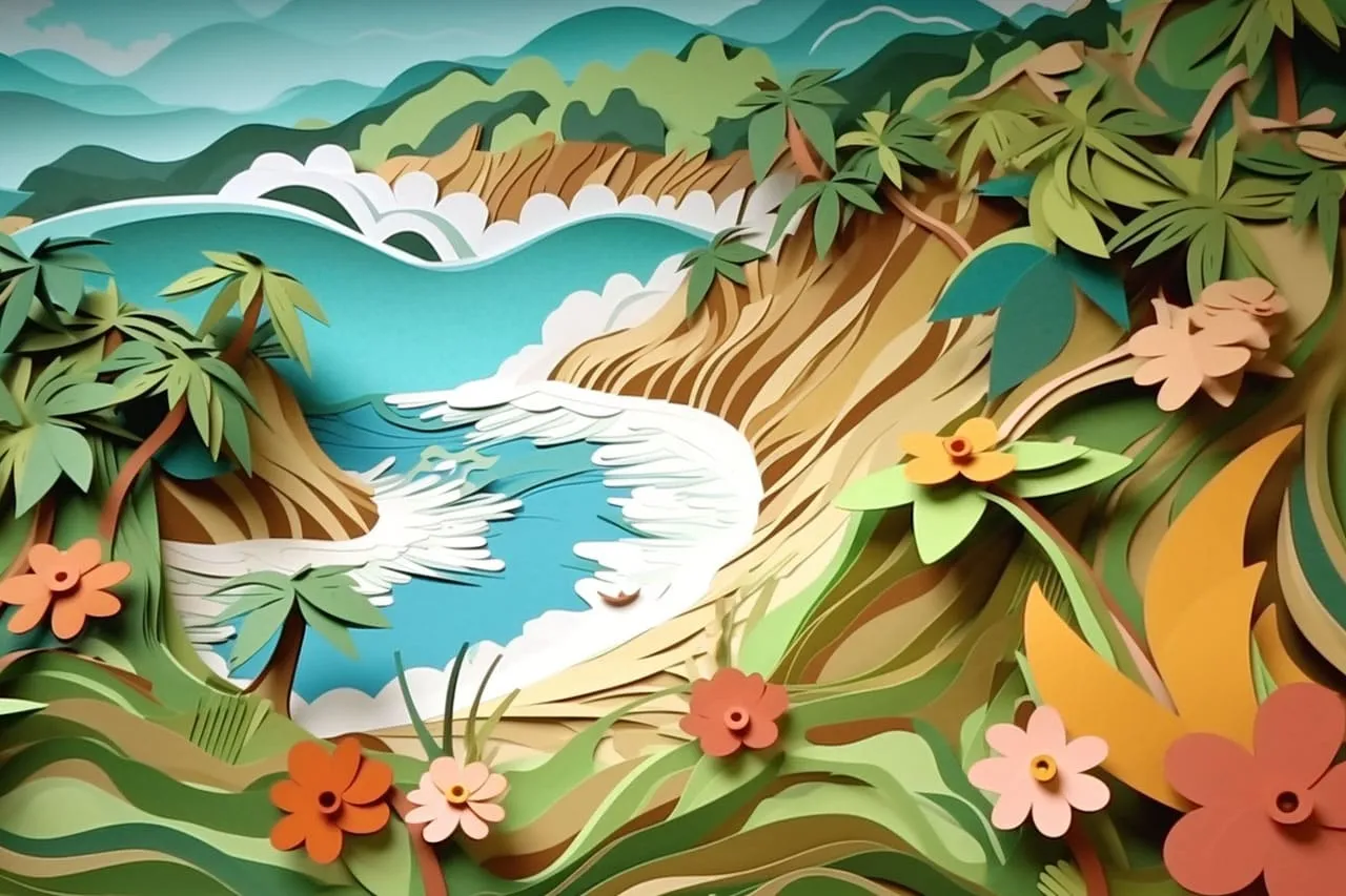Kirigami paper-cut art depicting a scene of tropical Hawaii