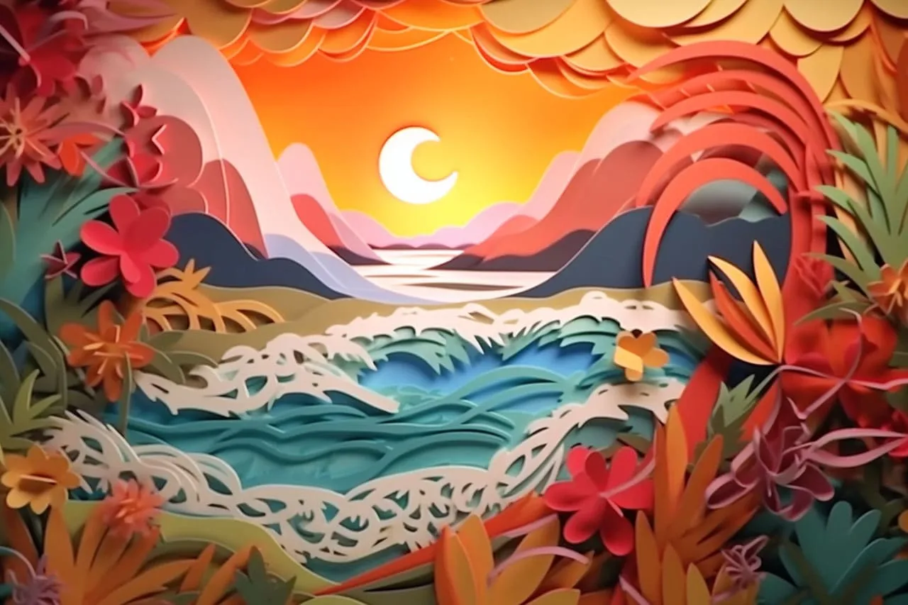 A layered paper-cut Kirigami view of a Hawaiian landscape