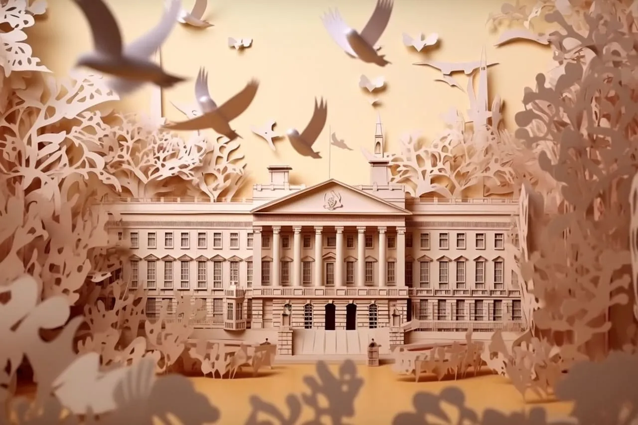 A Kirigami paper-cut scene of Buckingham Palace