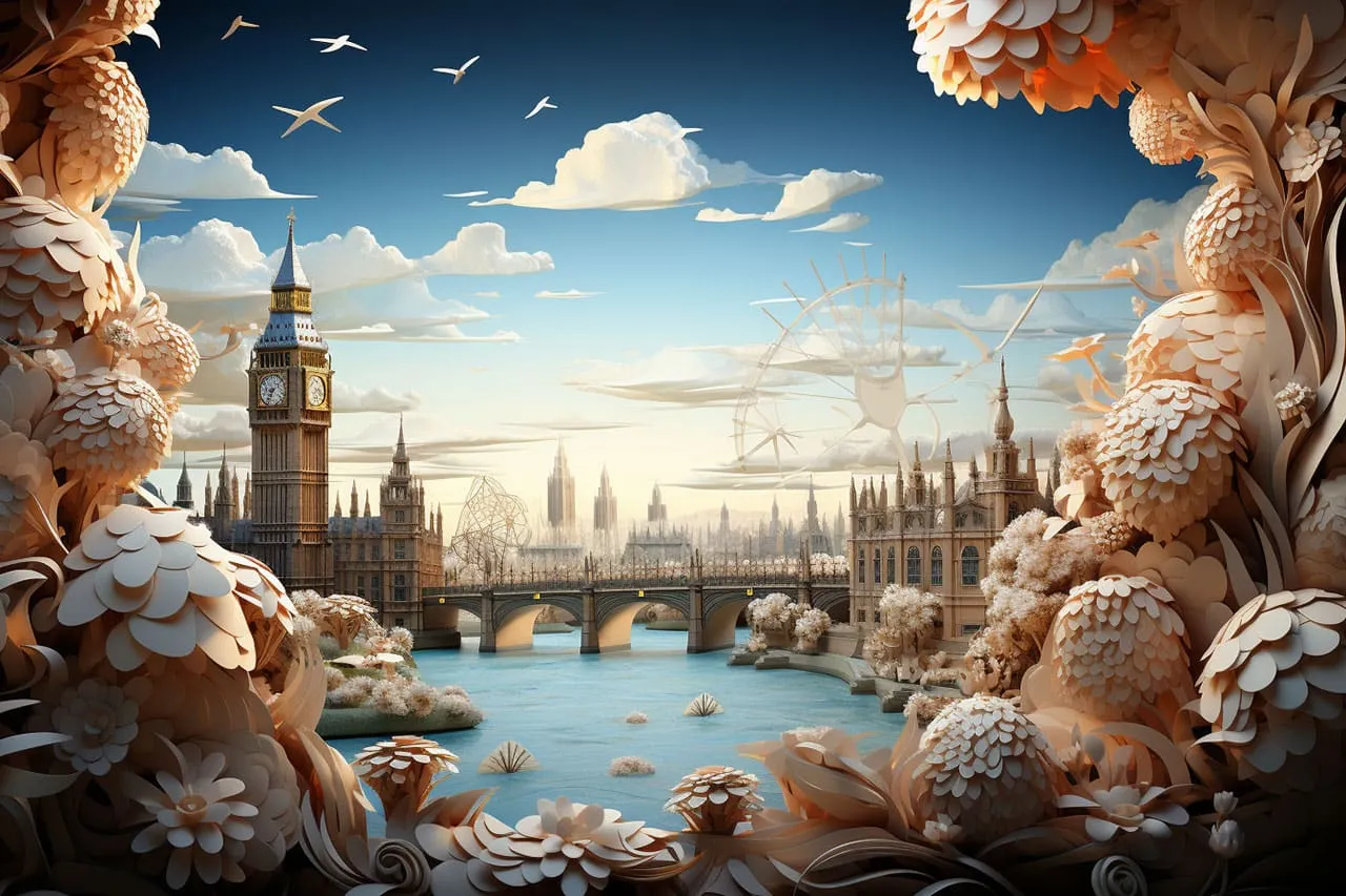 Kirigami paper art of the River Thames bathed in pink light