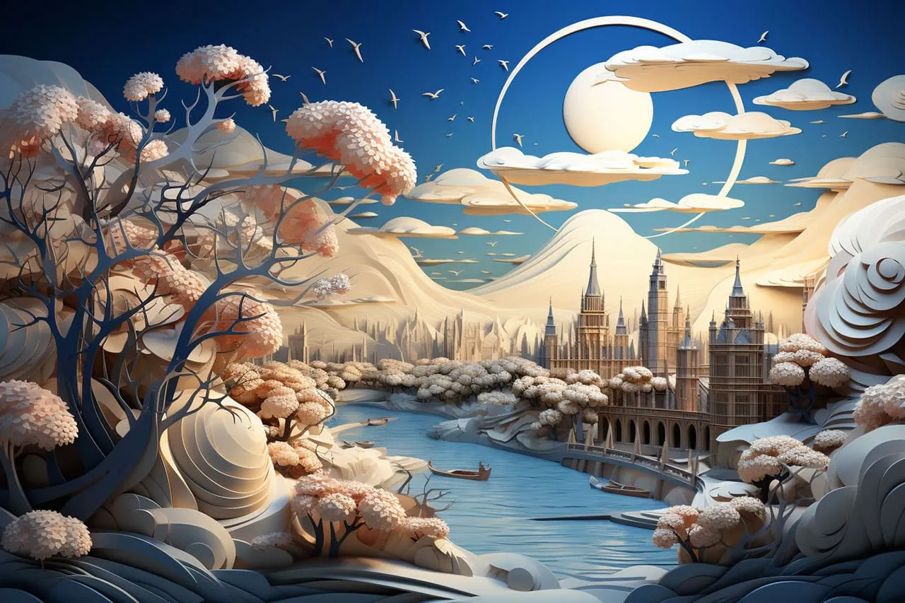 Kirigami paper art of the River Thames in winter