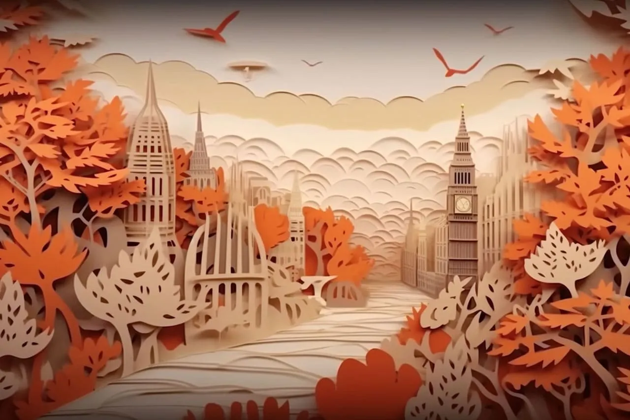 A Kirigami paper-cut London scene rendered in warm orange tones