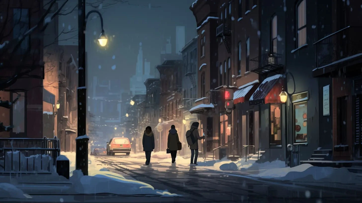 A quiet, empty city street in winter
