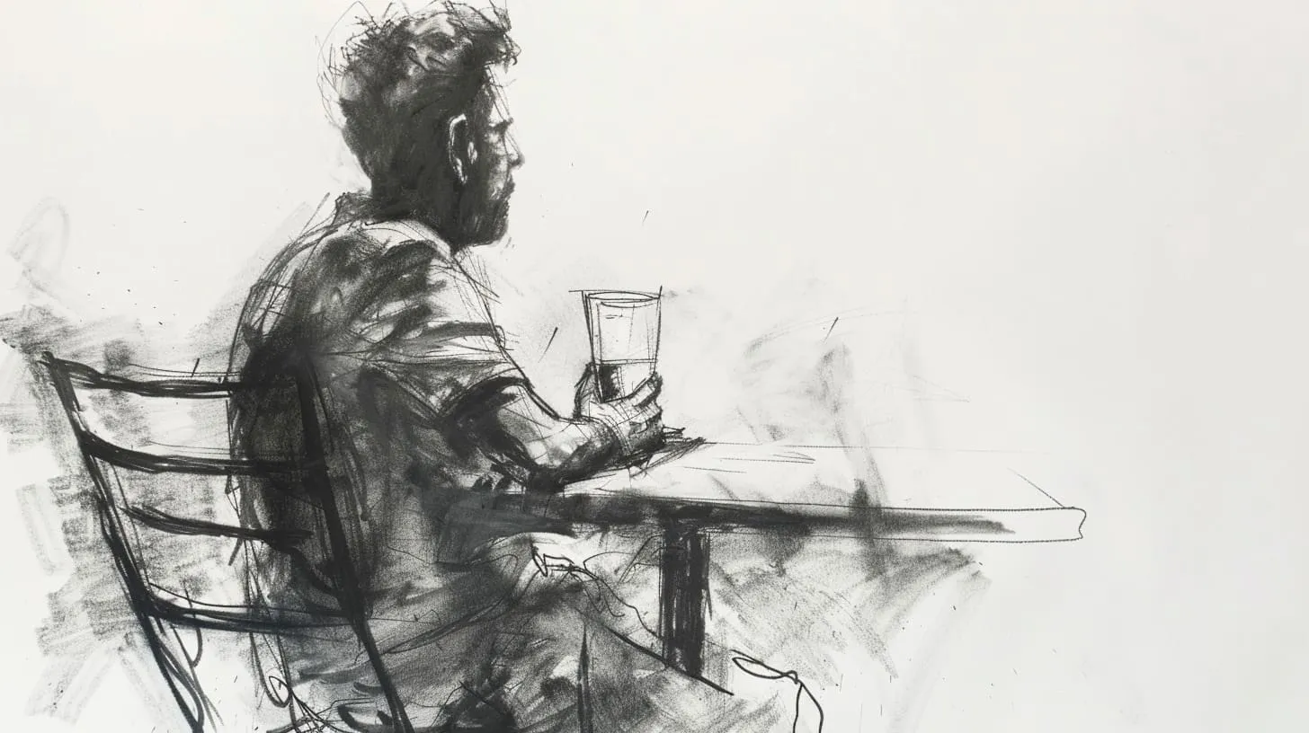 Sketch of a man sitting alone with a glass of water