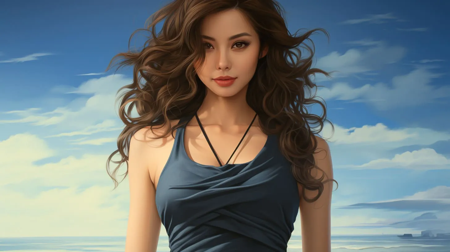 A woman in a blue tank top standing at the water's edge
