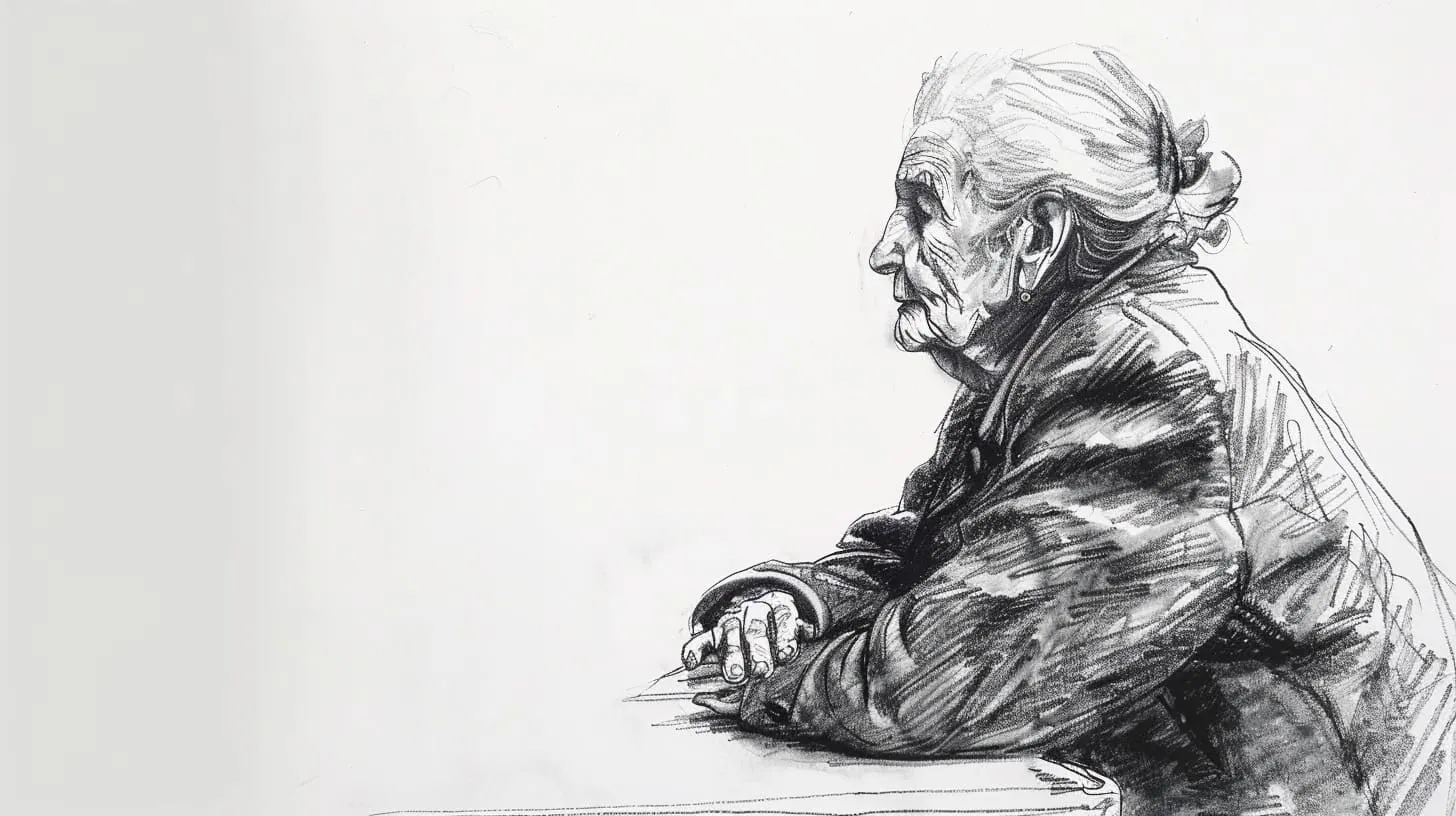 Sketch of an older woman sitting alone at a table