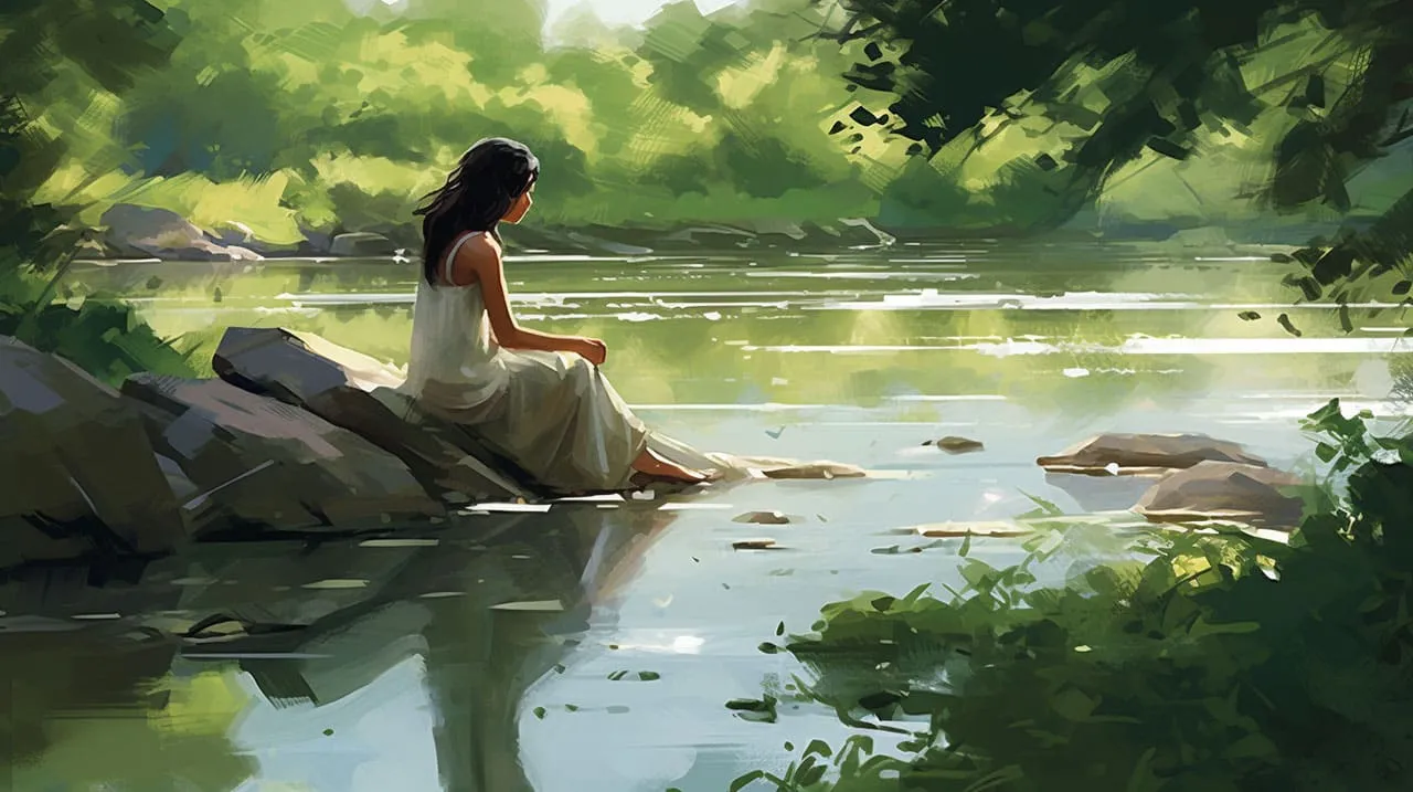 A woman finding serenity by the water's edge