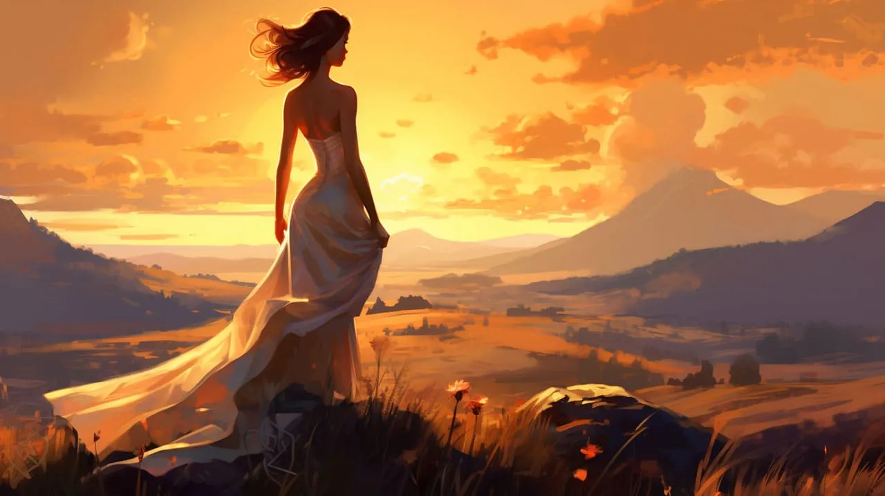 A woman standing in golden sunset light like a goddess