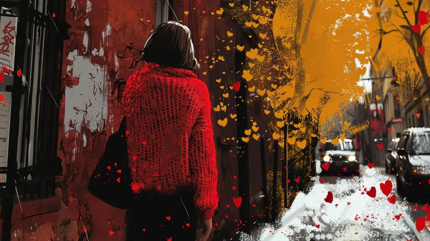 A woman walking along a New York City sidewalk on Valentine's Day