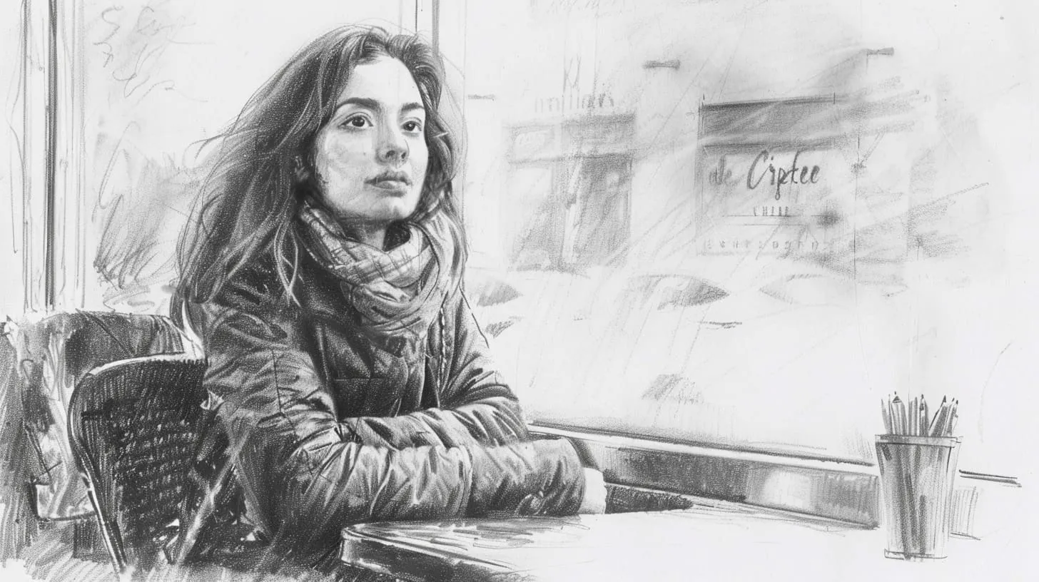 Sketch of a woman in a scarf sitting alone at a cafe table
