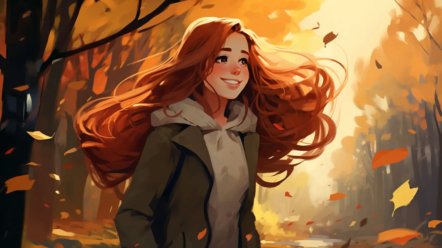 A young redheaded woman among the autumn trees
