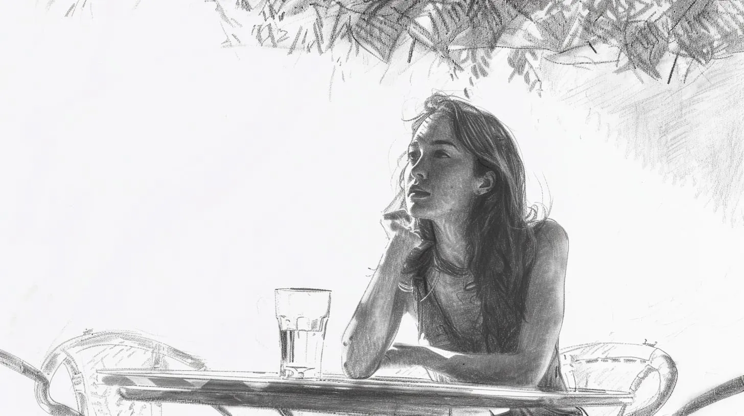 Sketch of a young woman sitting alone, lost in thought